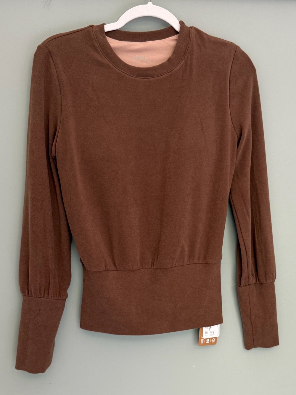 NWT OGL Elevated Warm Brown Crew Neck Brushed Brami Banded Hem Fleece Top